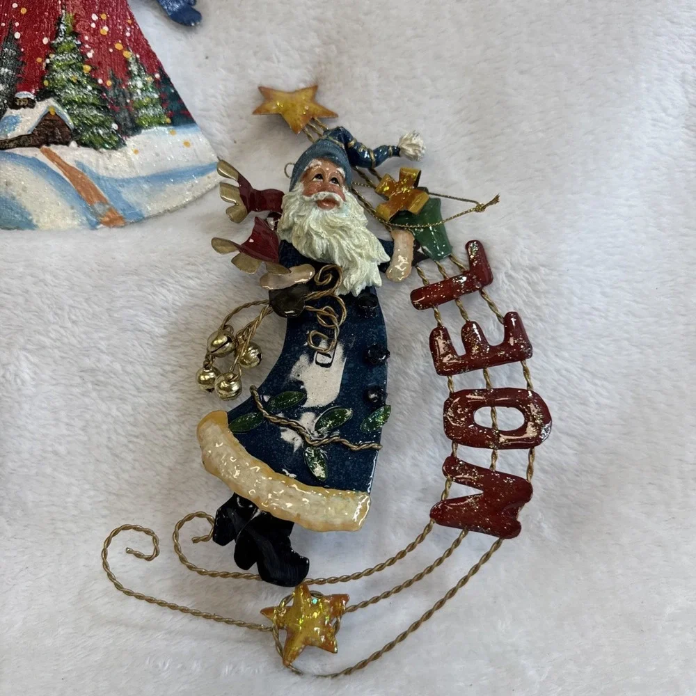 Set of 3 Vintage Style Santa Claus Christmas Ornaments Peace Noel Metal Folk Art